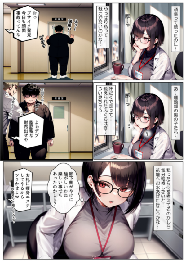 エロ漫画:保健室の先生 治療と言われキモオタチ●ポで発情交尾 モザイク版 hitomi サンプル画像
