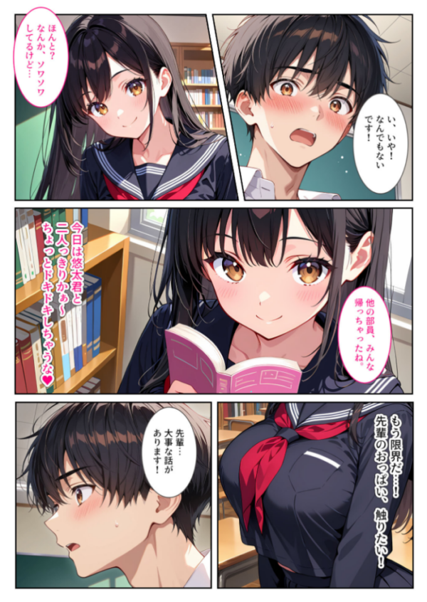 エロ漫画:文芸部の先輩(爆乳)におっぱい揉ませてと土下座でお願いしたら… モザイク版 hitomi サンプル画像